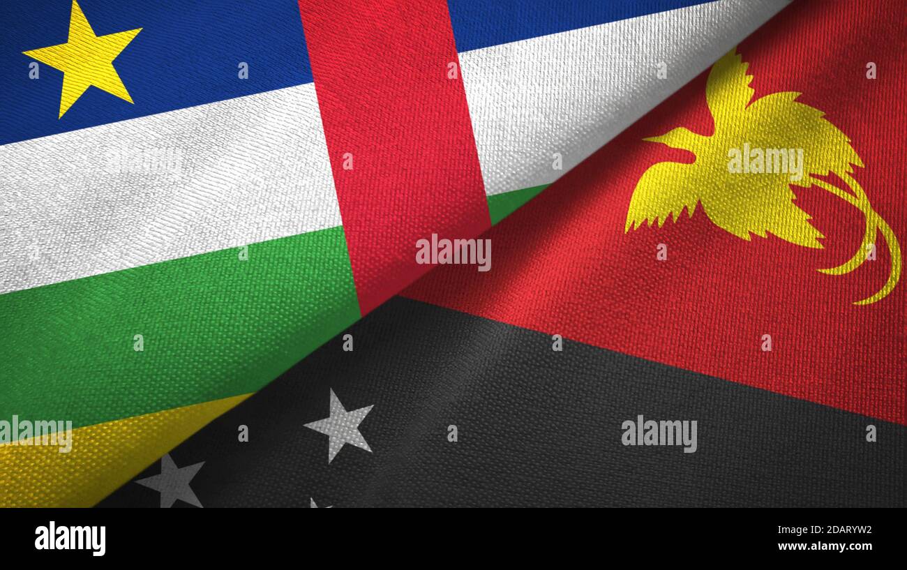 Zentralafrikanische Republik und Papua-Neuguinea zwei Flaggen Textil Stoff Stockfoto