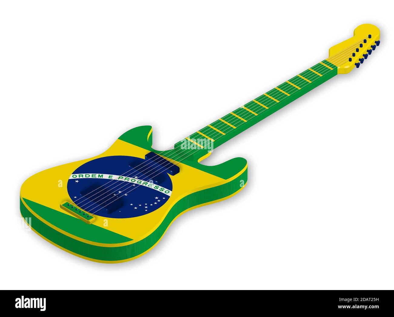 Tolle Akustikgitarre mit den Farben der brasilianischen Flagge in einem realistischen Stil. Designelement. Isolierter Vektor auf weißem Hintergrund Stock Vektor