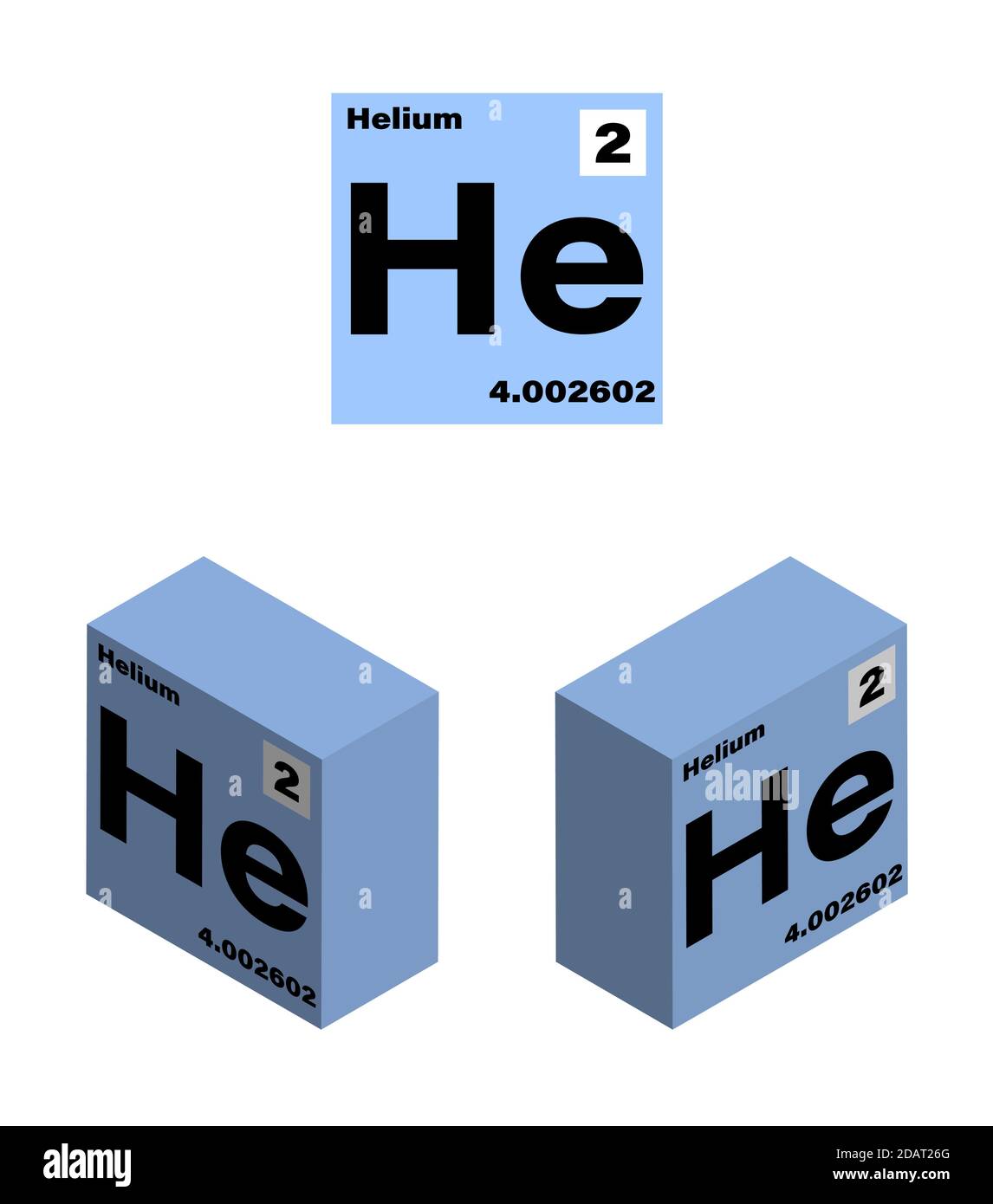 Helium, ein chemisches Element im Periodensystem. Flaches Symbol und isometrisches Bild. Isolierter Vektor auf weißem Hintergrund Stock Vektor
