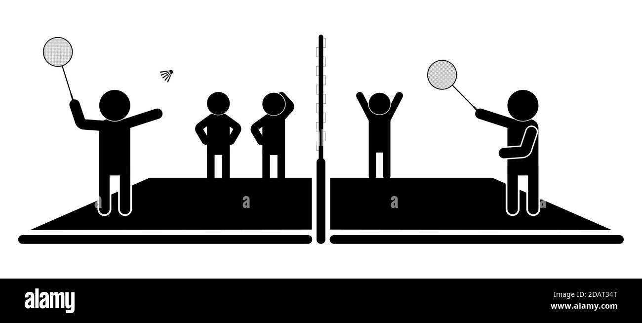 Badminton-Spiel. Die Szene auf dem Platz, der Spieler schwang einen Tennisschläger, um den Gegner zu dienen, das Publikum in der Halle. Isolierter Vektor auf weißem Bac Stock Vektor