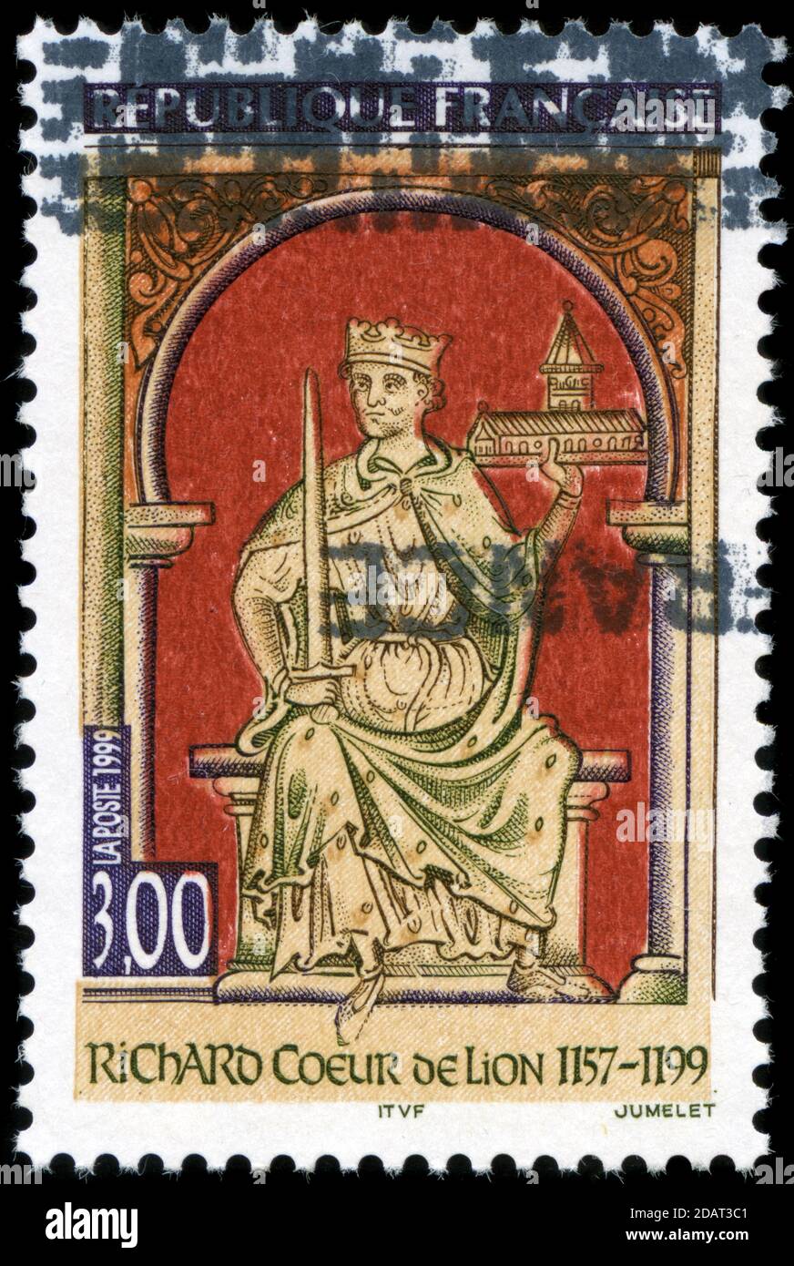 Briefmarke aus Frankreich in der berühmten People-Serie aus dem Jahr 1999. Richard I. (8. September 1157 – 6. April 1199) war vom 6. Juli 1189 bis zu seinem Tod König von England und noch vor seinem Beitritt als Cœur de Lion oder Richard der Löwenherz, Ricardo Corazón de León, bekannt, wegen seines Rufs als großer militärischer Führer und Krieger. Stockfoto