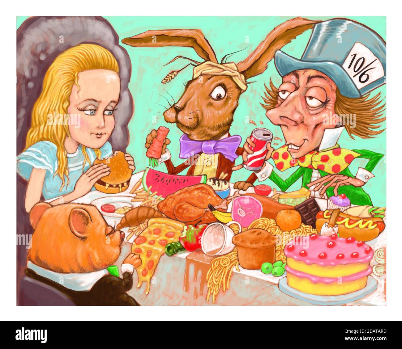 Alice im Wunderland, essen einen Burger auf der Mad Hatter's Tea Party, digitaler Scan von Gouache Aquarell Farbe auf Papier, Original-Illustration Kunstwerk Stockfoto