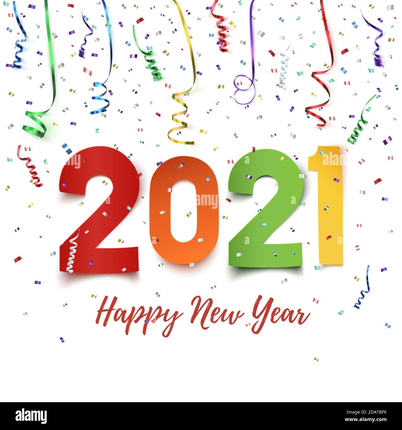 Frohes Neues Jahr 2021. Buntes Papier abstraktes Design, Hintergrund mit Bändern und Konfetti auf Weiß. Grußkartenvorlage. Vektorgrafik. Stockfoto