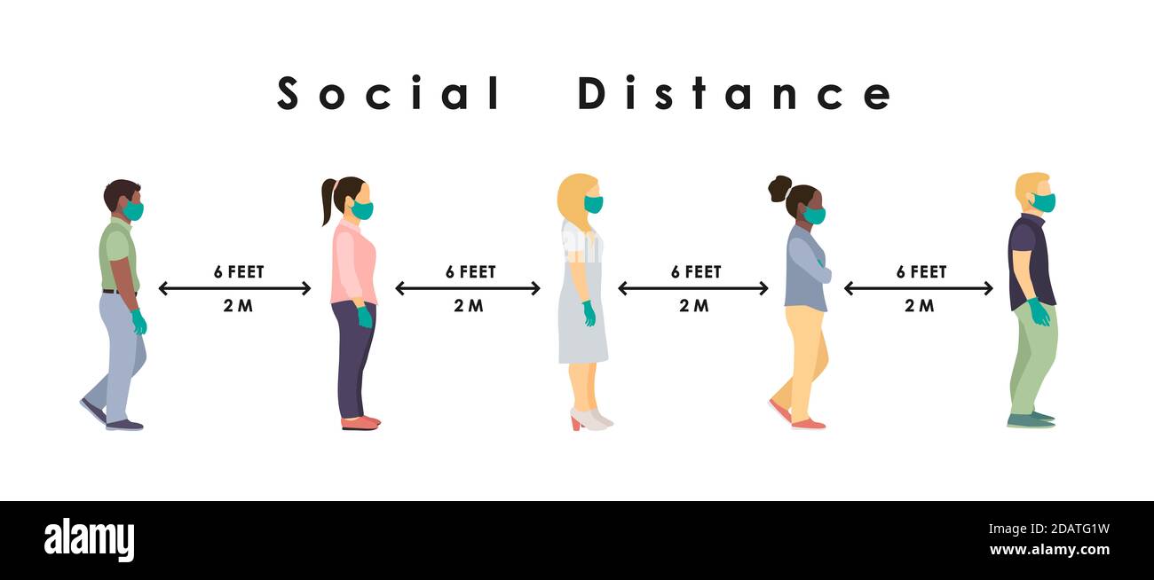 Soziale Distanz. Volle Länge kranke Menschen in medizinischen Masken und Handschuhe stehen in der Linie gegen in einem sicheren Abstand von 2 Metern oder 6 Fuß. Flacher Vektor il Stockfoto