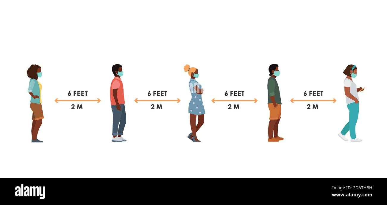 Menschen in medizinischen Masken sind schwarze Frauen und Männer in voller Höhe in der Schlange in sicherer Entfernung Seitenansicht stehen. Stock Vektor