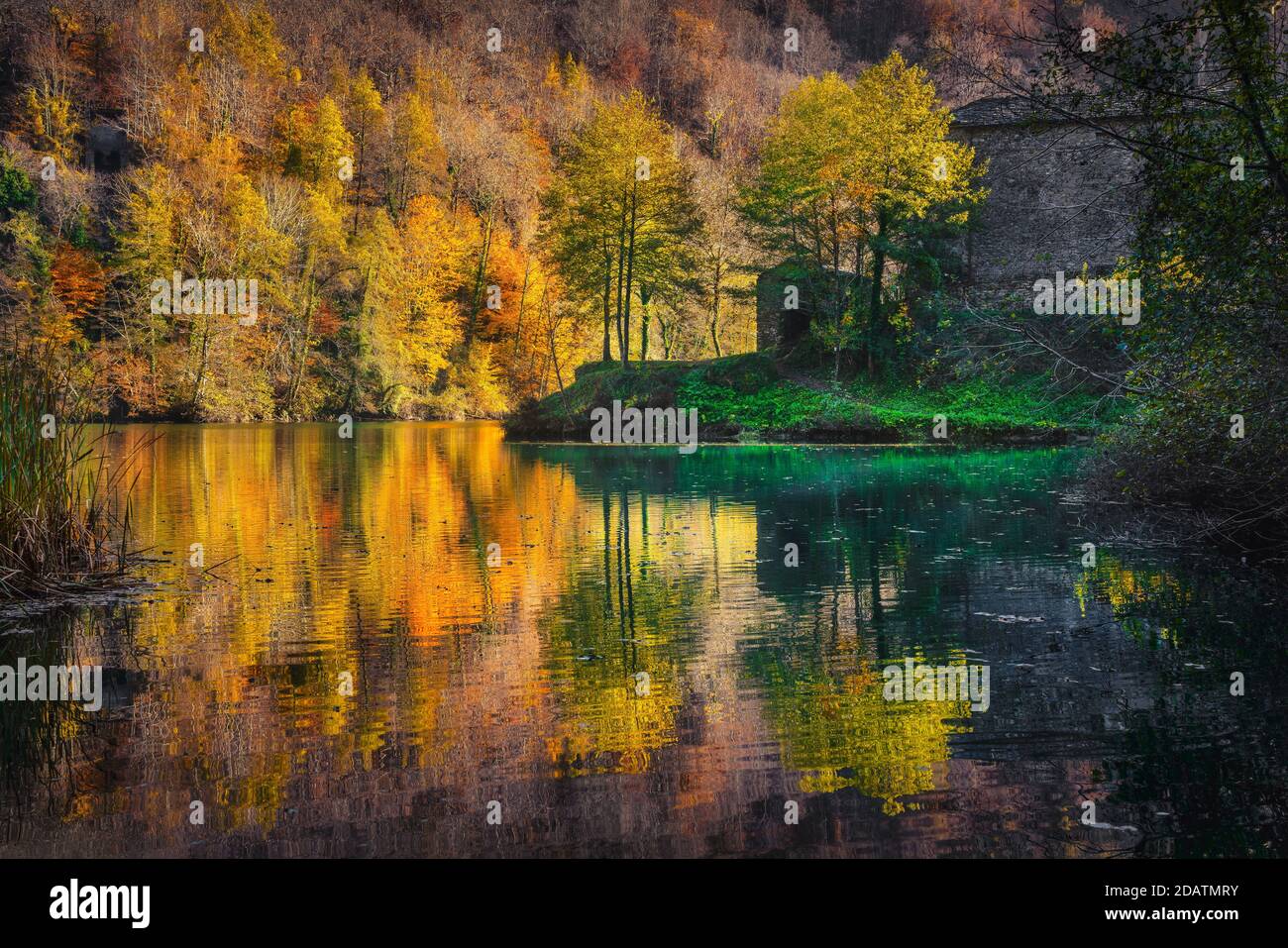 Herbstlaub. Wälder und See von Isola Santa alten Dorf. Garfagnana, Toskana, Italien, Europa. Stockfoto