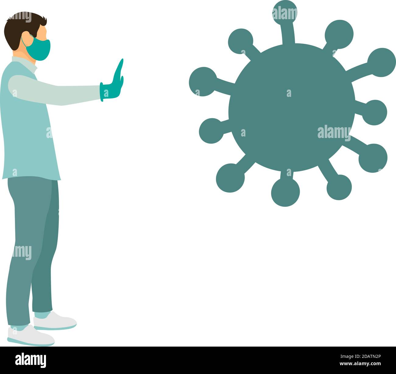 Mann in einer medizinischen Maske und Handschuhe streckte seine Hand in Richtung der Show Stop Coronavirus. Flache Vektor-Illustration Stock Vektor