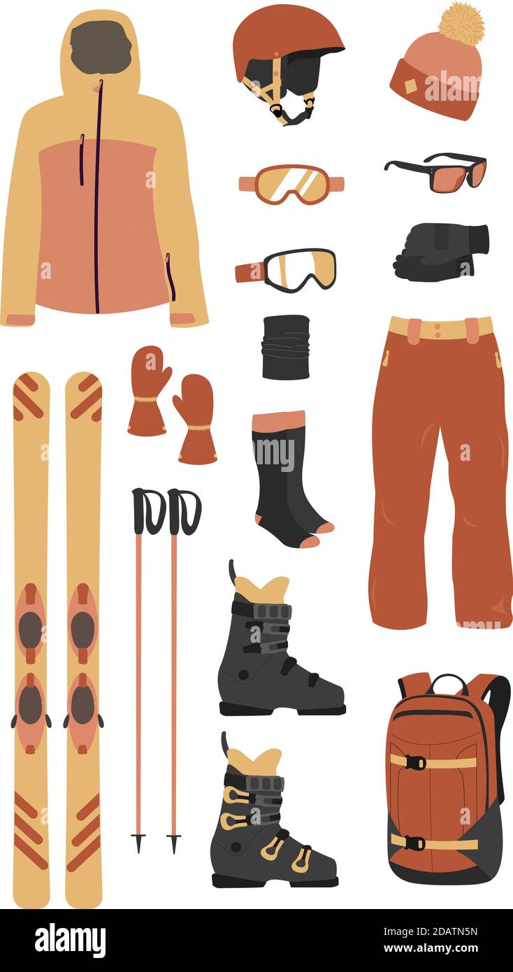 Ski-Ausrüstung Kit Kleidung Vektor-Illustration auf transparentem Hintergrund. Extremer Wintersport. Skier und Skistöcke einstellen Stock Vektor