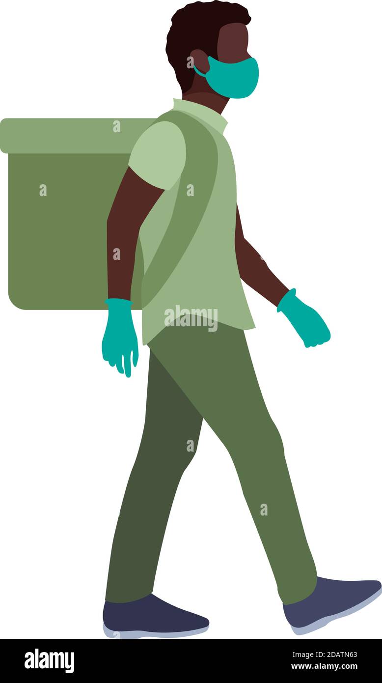 Afroamerikanische Lebensmittel-Delivery-Mann in medizinische Maske und Handschuhe mit Rucksack voller Länge Ansicht Seite, flache Vektor-Illustration Stock Vektor