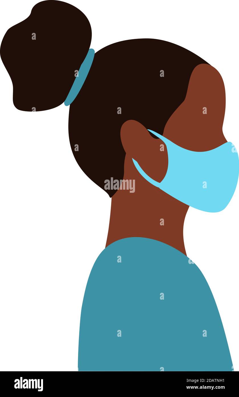 Schwarze junge weibliche Arzt Kopf in blauen medizinischen Maske Seitenansicht. Flache Vektor-Illustration Stock Vektor