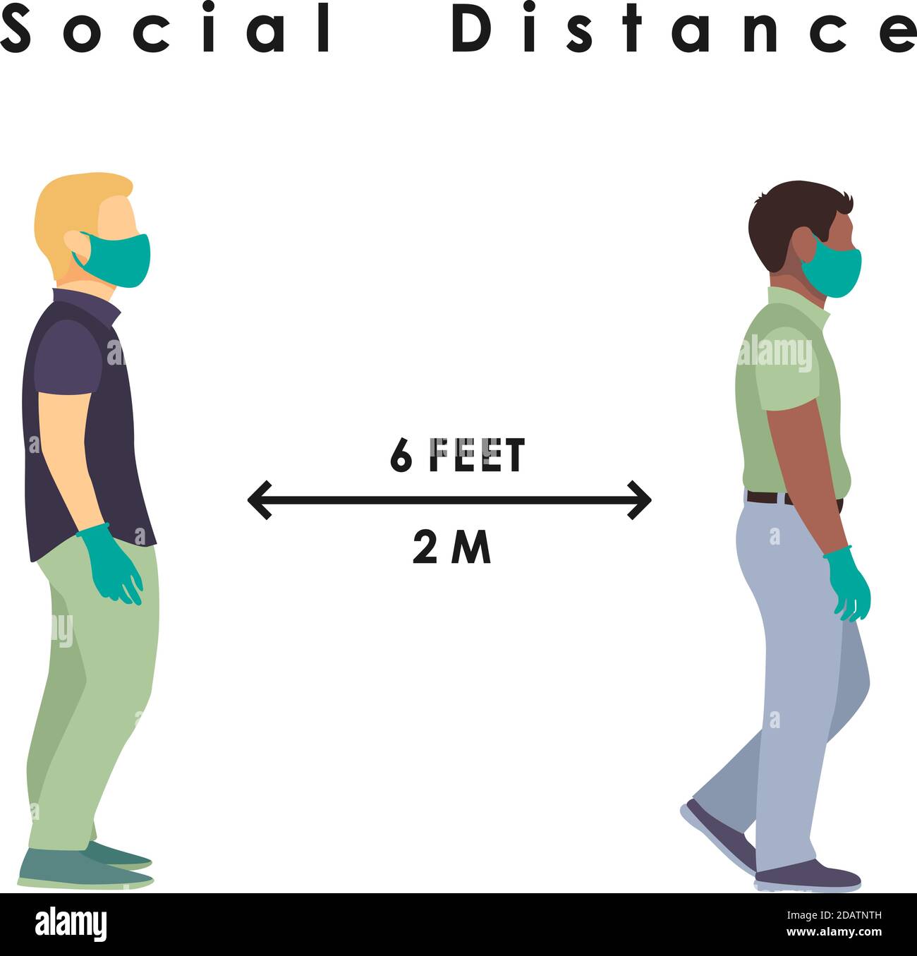 Zwei Männer unterschiedlicher Nationalität in Masken und Handschuhen stehen in einem sicheren Abstand von 2 Metern oder 6 Fuß. Flacher Vektor Stock Vektor