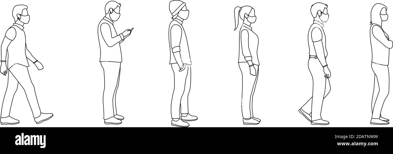 Volle Länge der Cartoon kranken Menschen in medizinischen Masken und Handschuhen skizzieren stehen in der Linie gegen in sicherer Entfernung. Flache Vektor-Illustration Stock Vektor