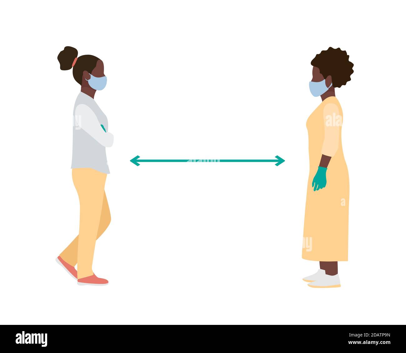 Soziale Distanz zwei schwarze afroamerikanische Frauen mit medizinischen Masken und Handschuhen stehen vor einer vollen Höhe. Flache Vektordarstellung Stock Vektor