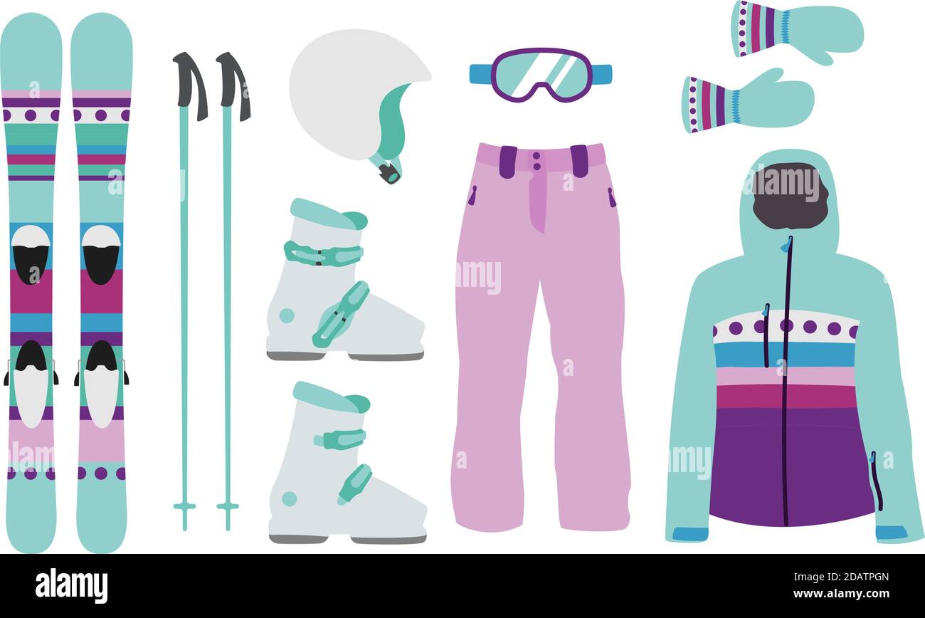 Kind Ski Ausrüstung Kit Kleidung Vektor Illustration auf transparentem Hintergrund. Extremer Wintersport. Skier und Skistöcke einstellen. Stock Vektor