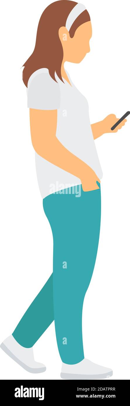 Junge moderne modische Frau trägt ein T-Shirt und Jeans mit einem Telefon in der Hand in voller Höhe Ansicht auf der Seite. Flache Vektorgrafik Stock Vektor