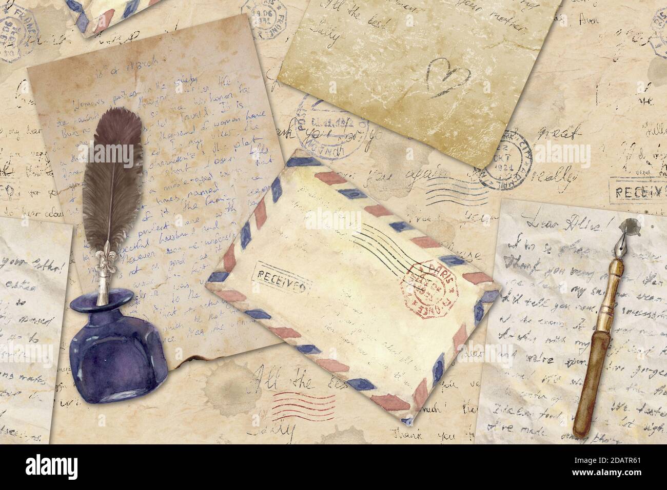 Hintergrund im Vintage-Stil mit handgeschriebenen Briefen, Poststempeln, Umschlägen, Füllfederhaltern, Federn. Aquarell handgezeichnete Illustration auf alt gealtert Stockfoto