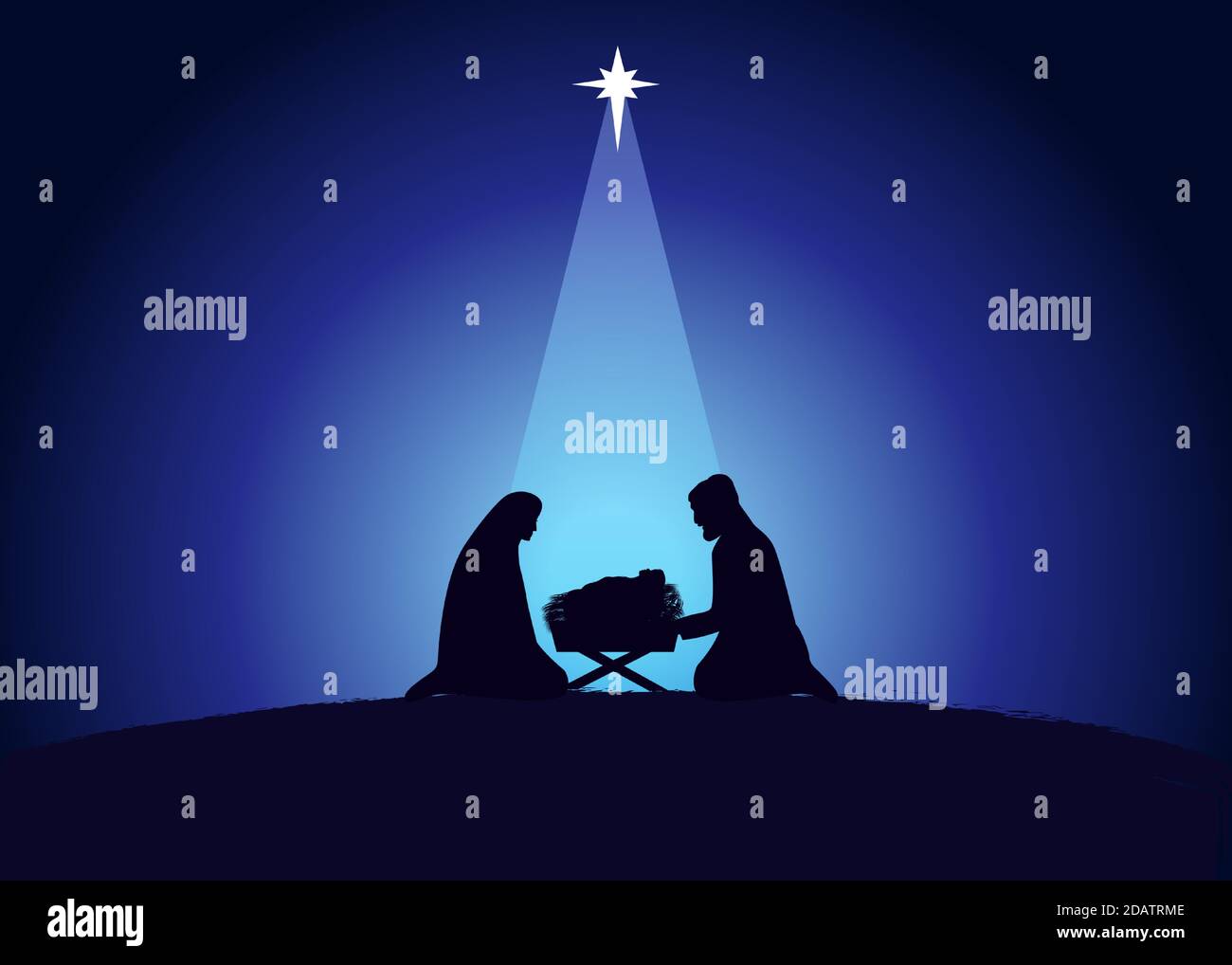 Weihnachtsszene des Jesuskindes in der Krippe mit Maria und Josef in Silhouette, umgeben von Stern. Christliche Geburt Grußkarte Geburt Christi. Stock Vektor