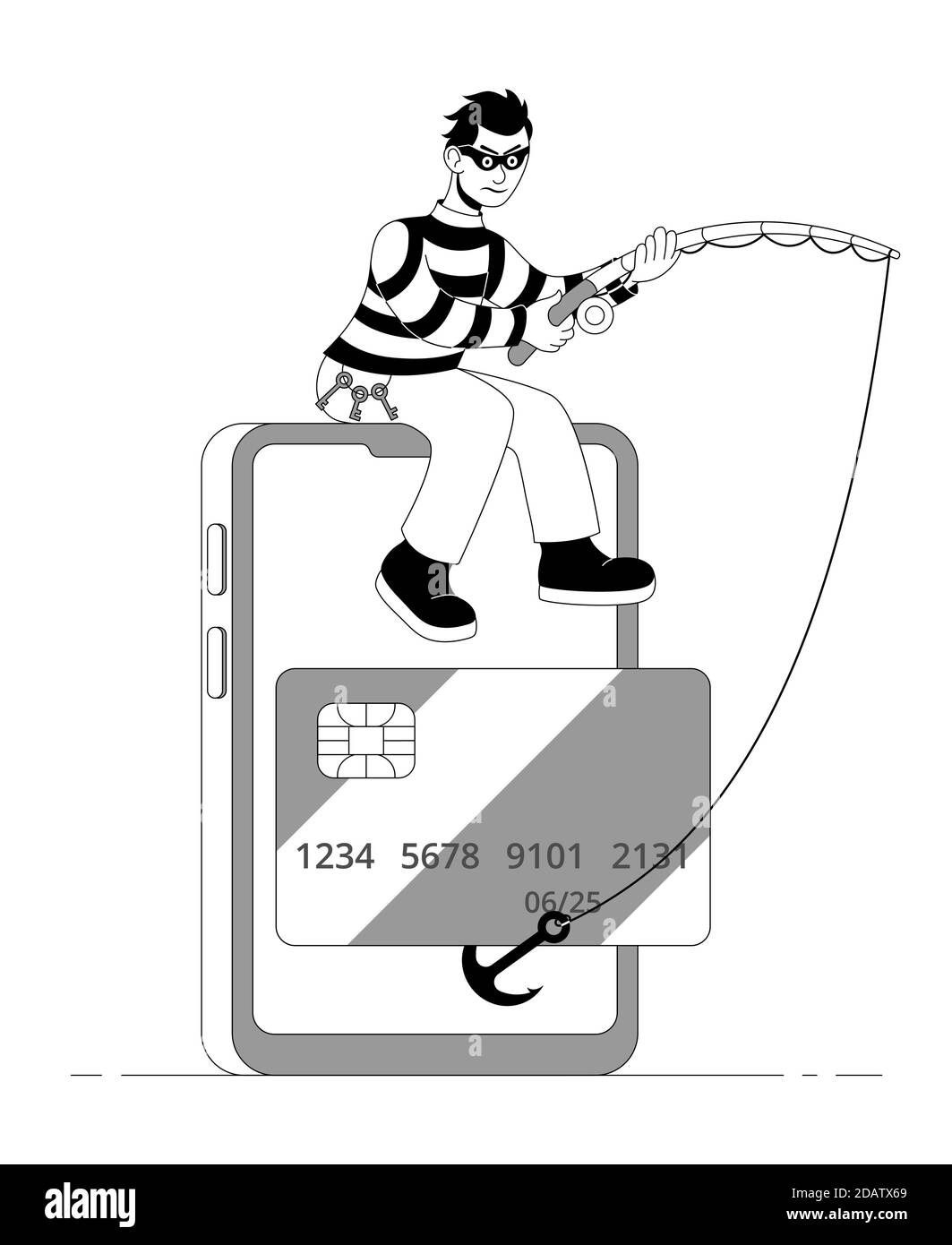 Maskierter Räuber mit einem Fischritt stehlen Kreditkarte von einem Smartphone. Cartoon flache Vektor-Illustration. Stock Vektor