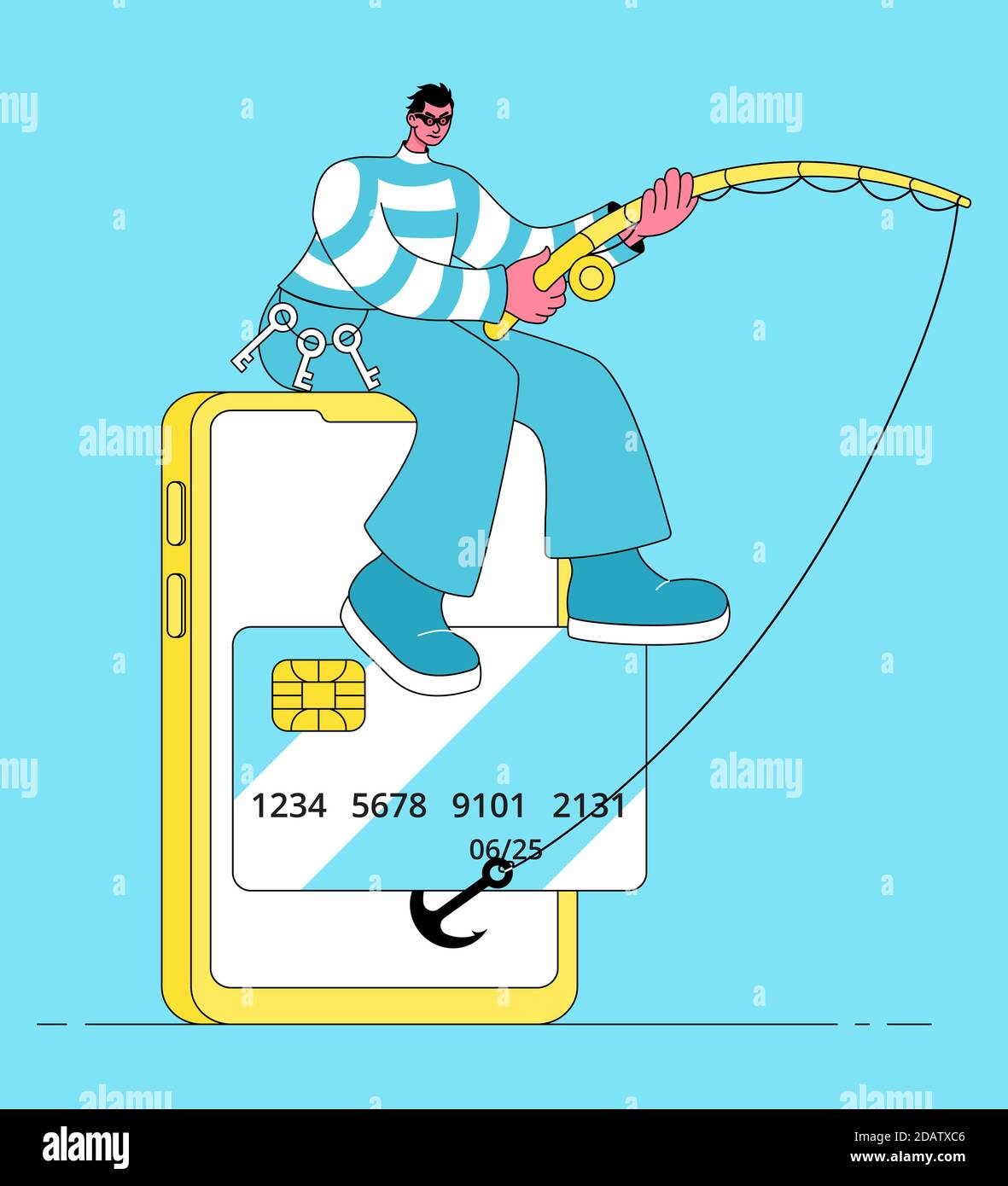 Maskierter Räuber mit einem Fischritt stehlen Kreditkarte von einem Smartphone. Cartoon flache Vektor-Illustration. Stock Vektor