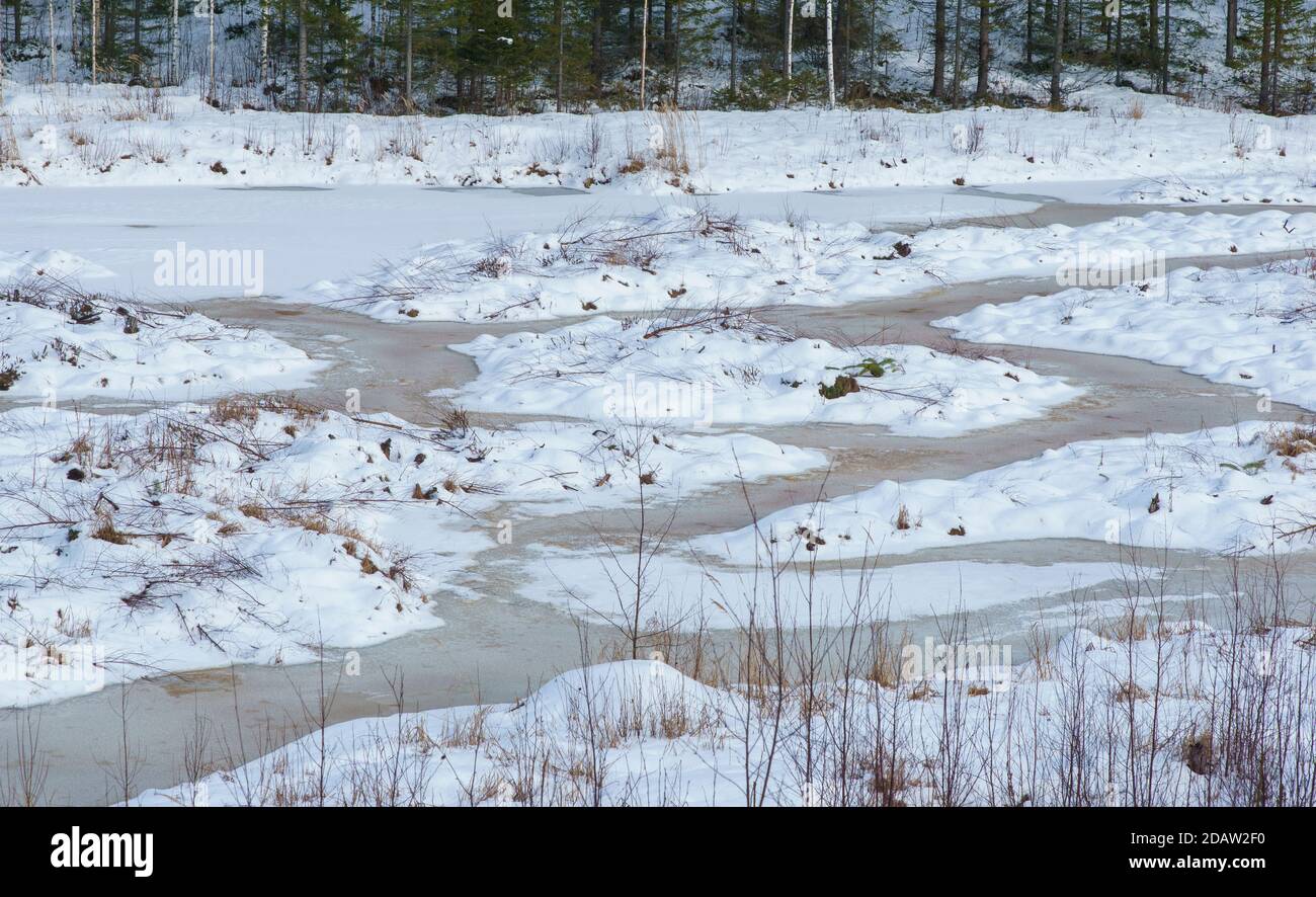 Gräben in künstlichen Feuchtgebieten Moor für Vögel im Winter , Finnland Stockfoto