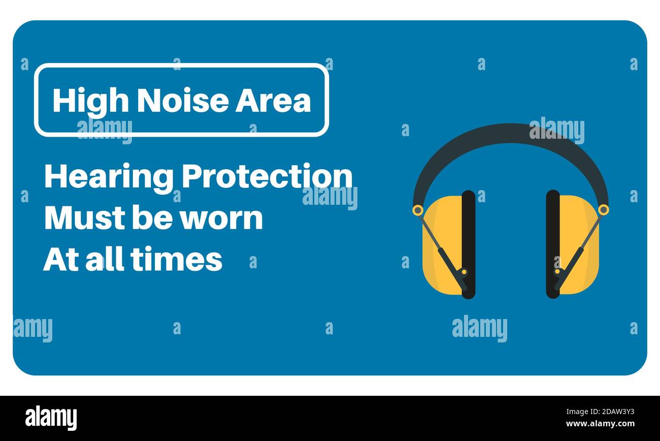 Bereich mit hohem Geräuschpegel - Gehörschutz muss immer getragen werden - Vektor-Hinweisschild auf blauem Hintergrund. Stock Vektor