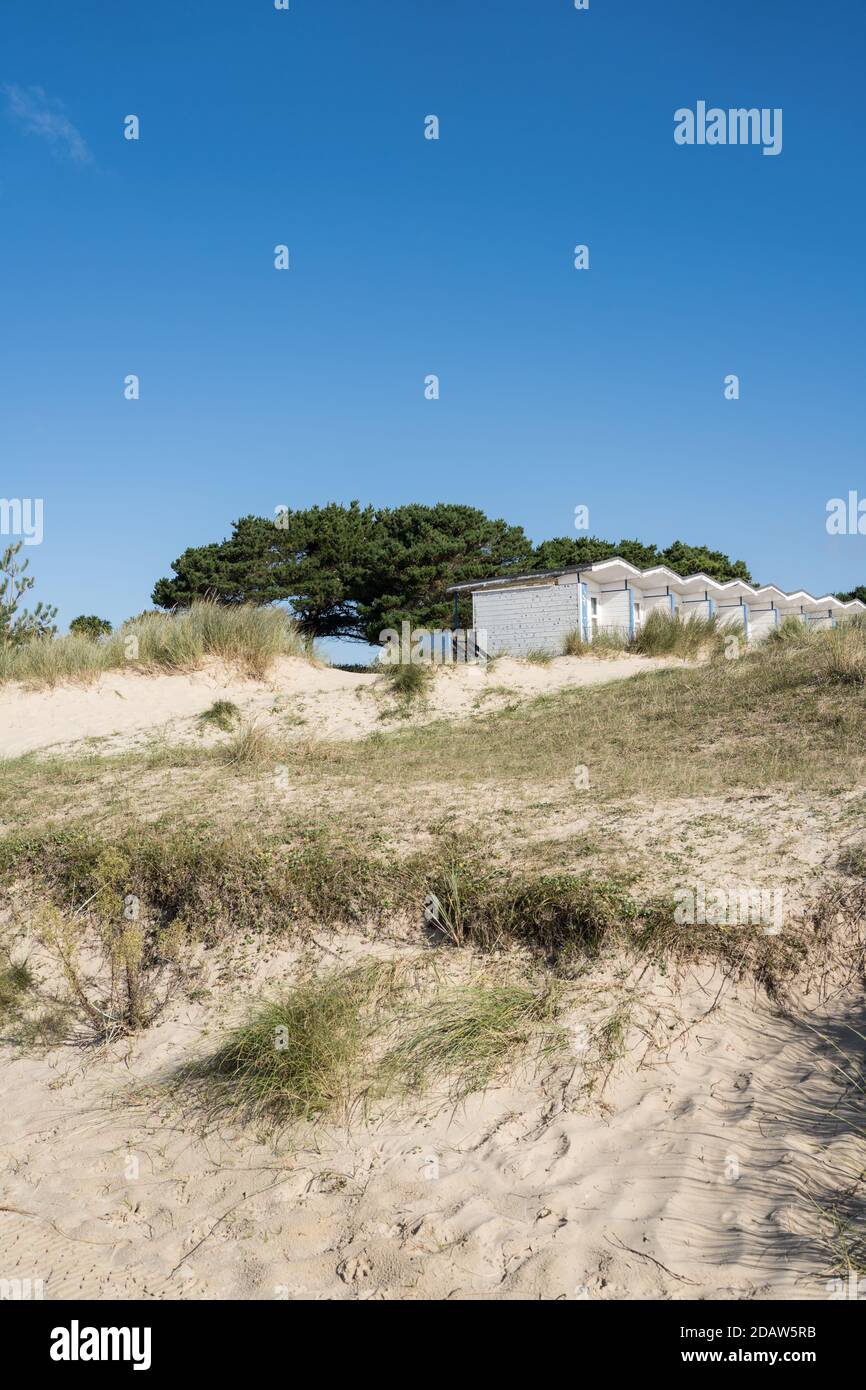 Blick auf weiße Apartments durch die Sanddünen in Sandbanks Dorset Stockfoto