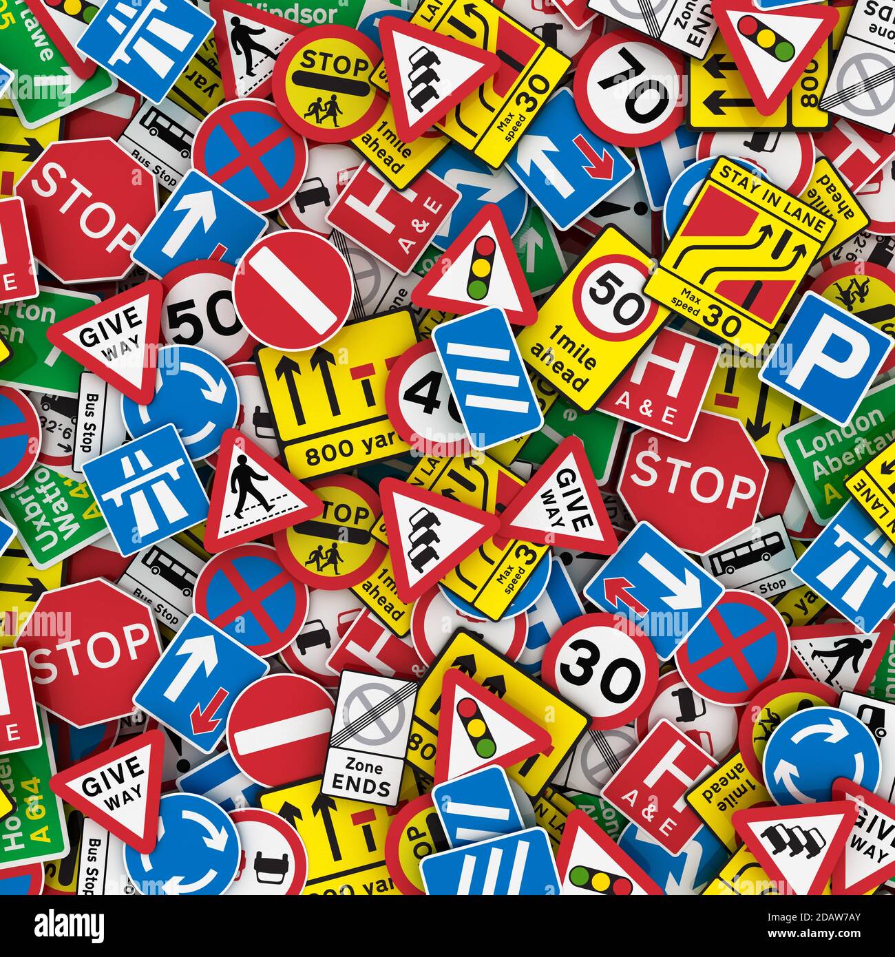 Extra große 3D-Darstellung von britischen Straßenschildern wie Stoppschildern, Geschwindigkeitsbegrenzungsschildern und Warnschildern. Stockfoto