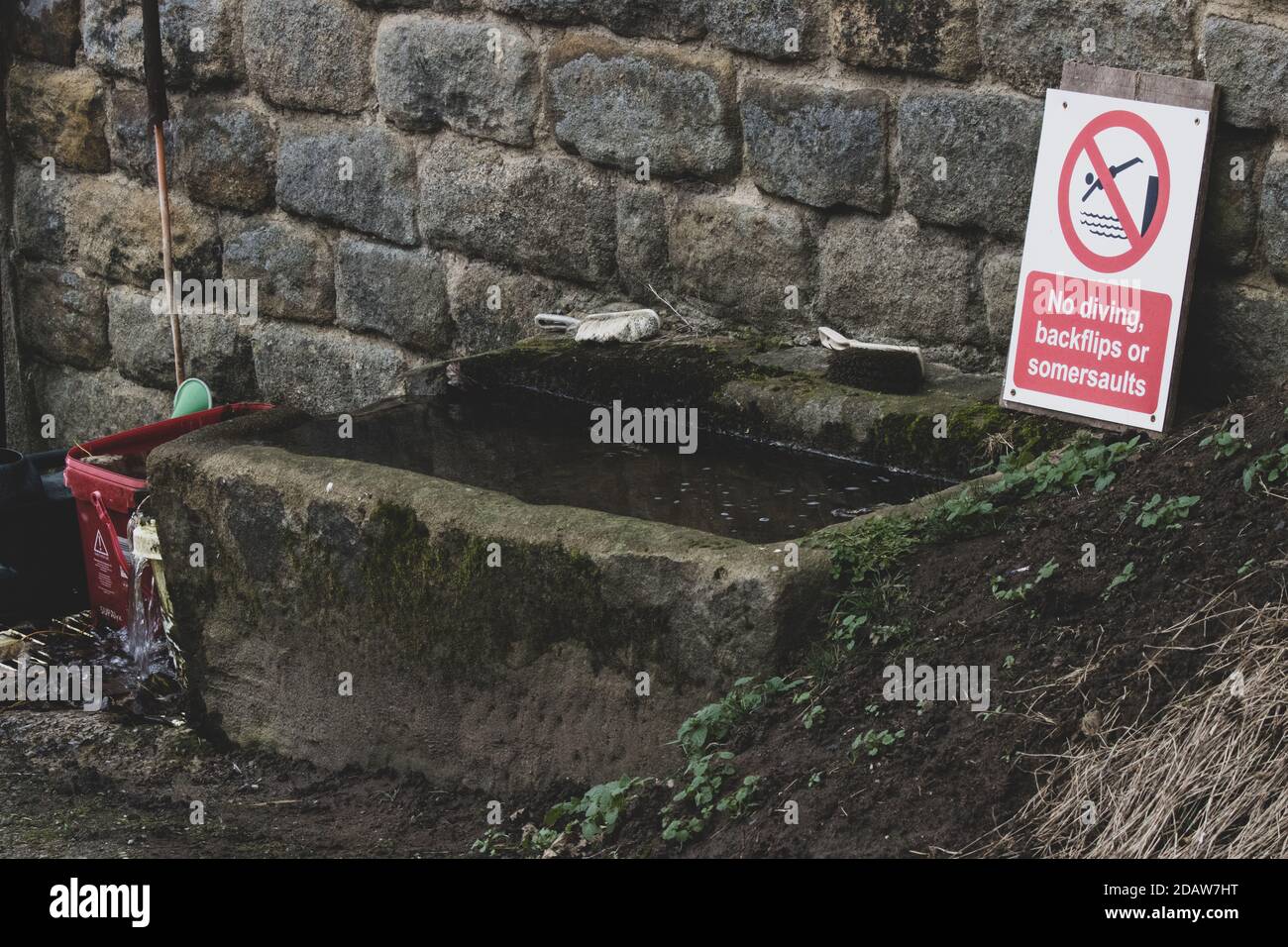Yorkshire Farmer mit Sinn für Humor legt ein No-Diving-Schild an eine alte Steinwanne in seinem Hof, Burley Woodhead, Großbritannien Stockfoto