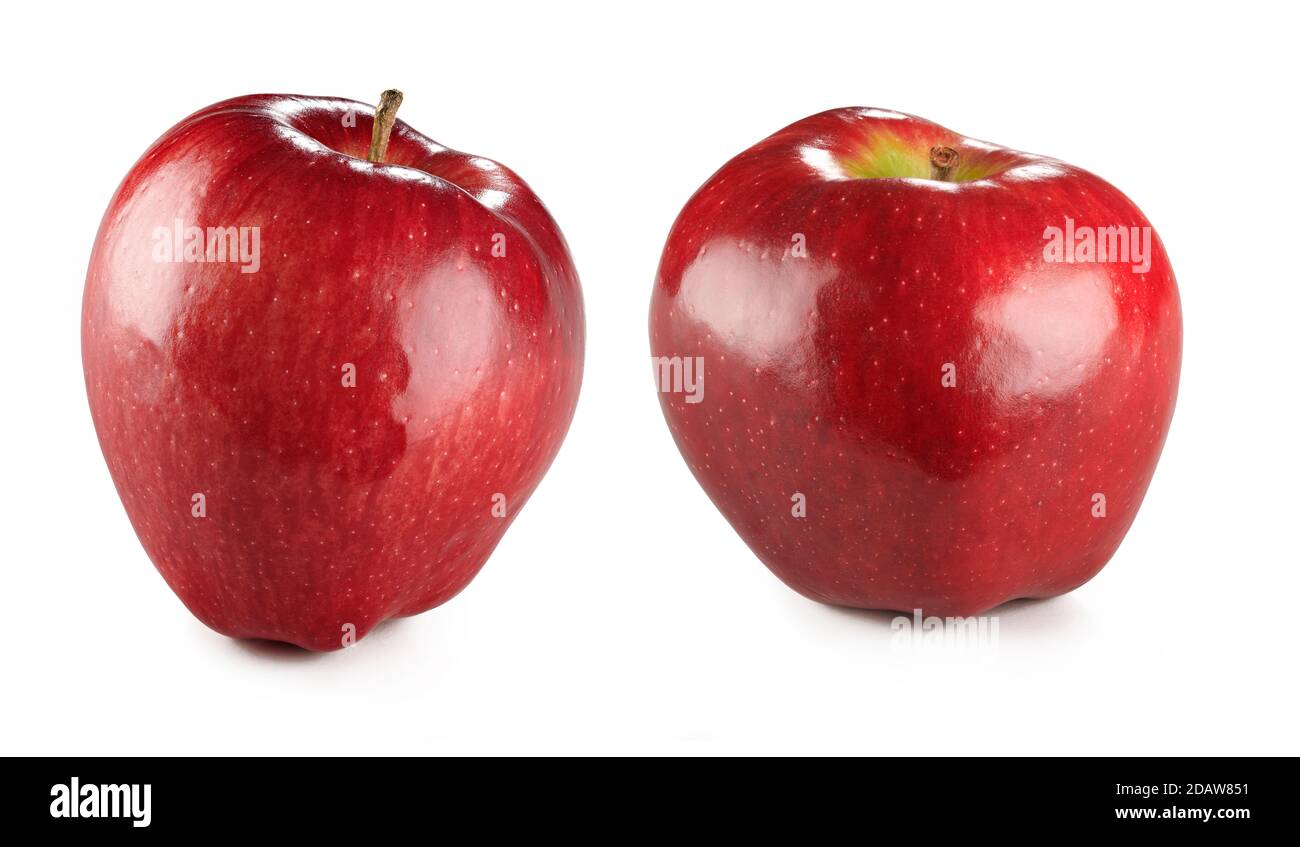 Zwei rote Äpfel auf weißem Hintergrund mit Schatten. Stockfoto