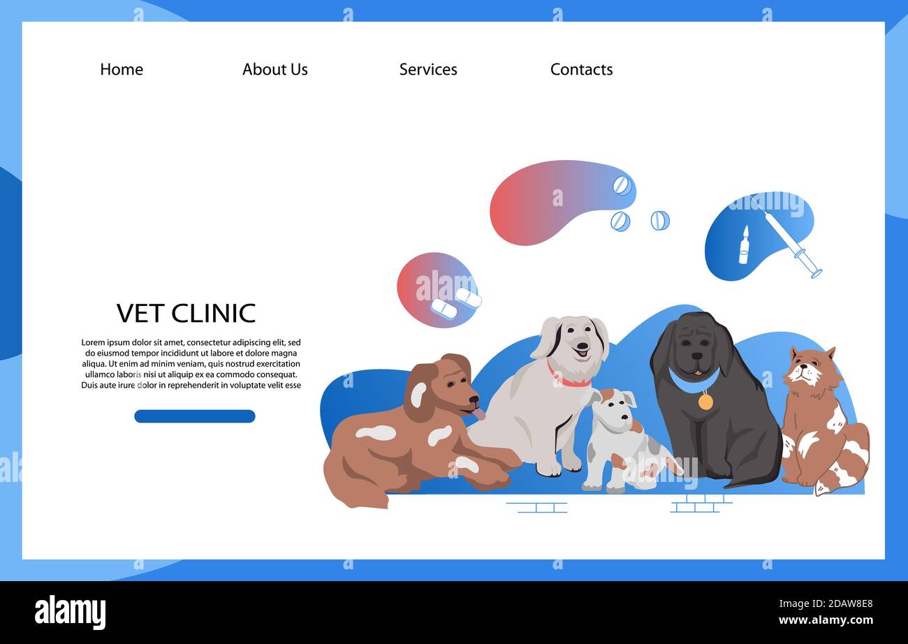 Tierklinik oder Tierhandlung Website mit Katze und Hunde lat Vektor Illustration. Stock Vektor
