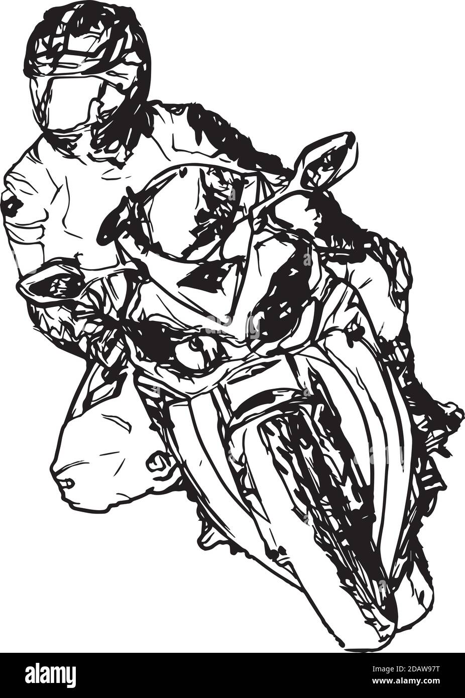 Mann, der Motorrad in Asphaltstraße fährt. Motorradfahrer bei schwarz-weißem Sportmotorrad. Stock Vektor