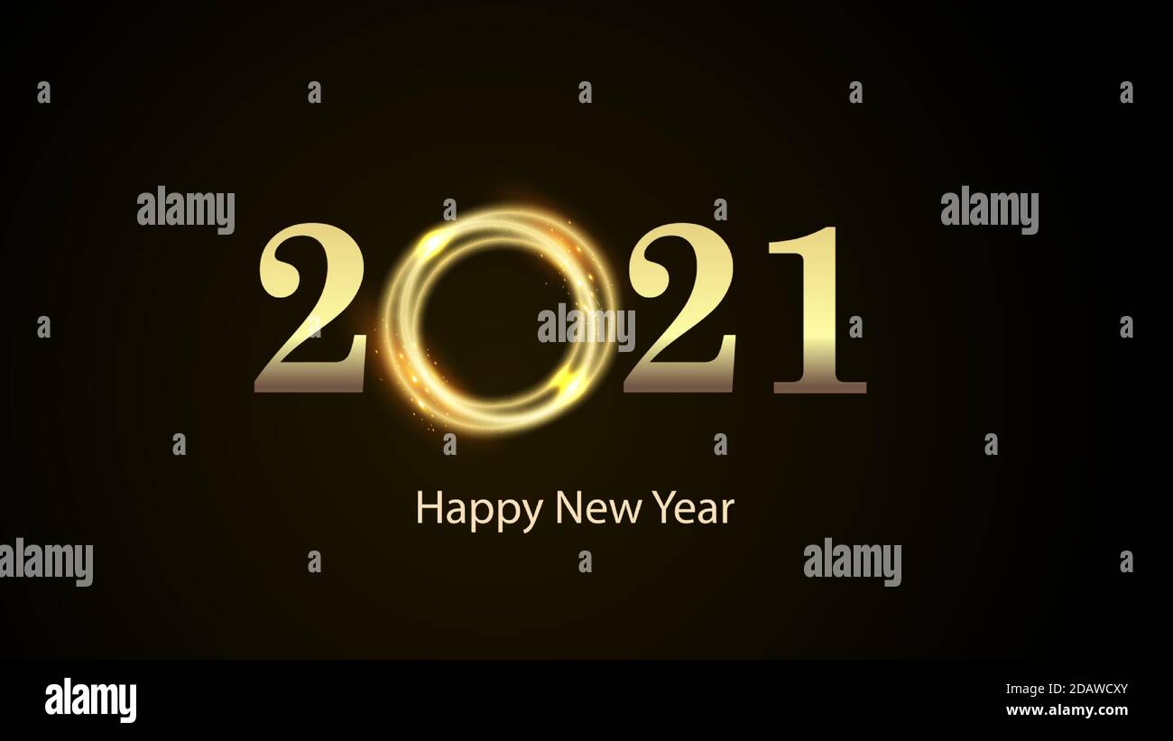Goldene Zahlen 2021 mit hellem Blitz auf schwarzem Hintergrund. Frohes Neues Jahr Vektor Stock Vektor