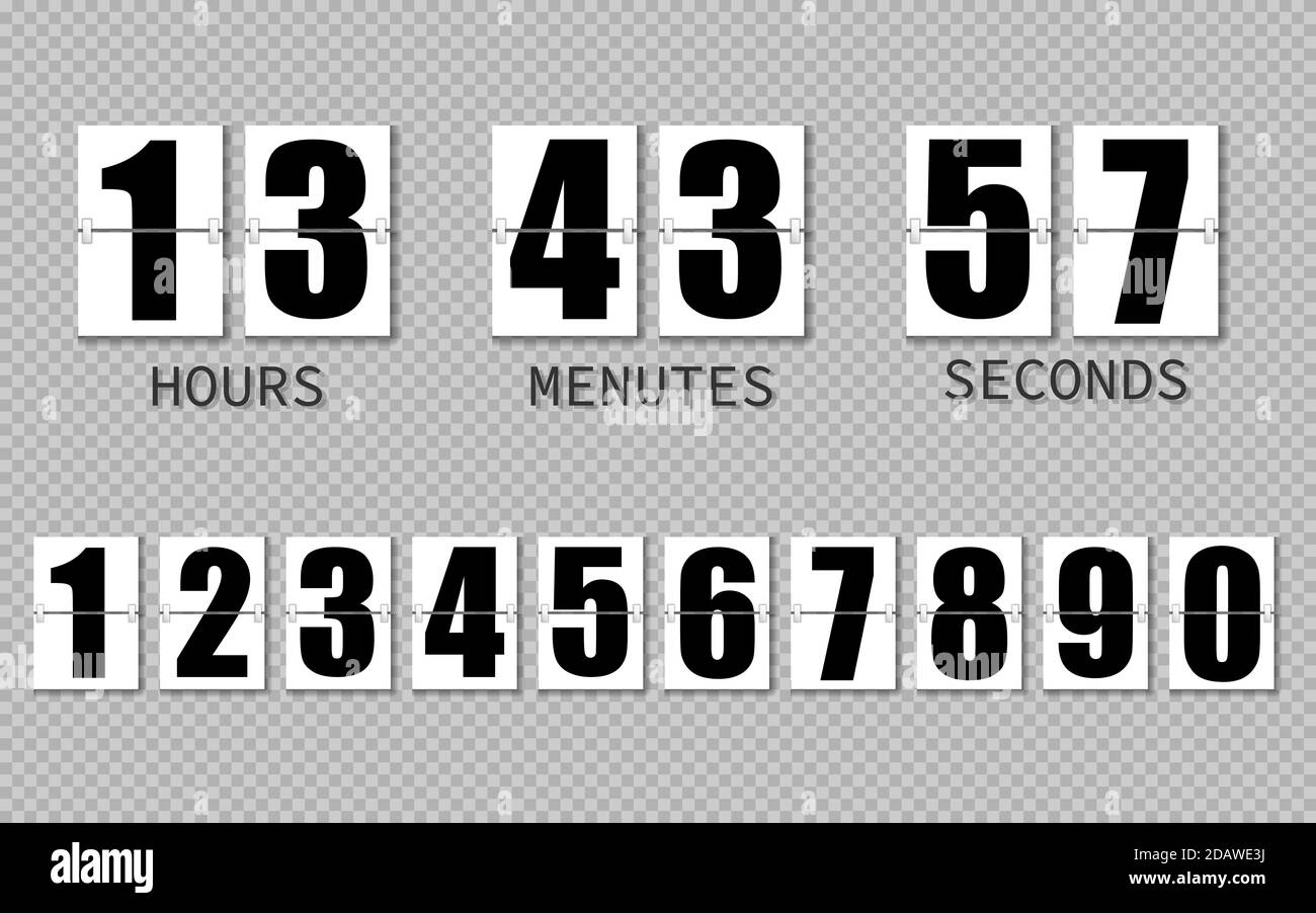 Flip-Uhr zeigt an, wie viel Zeit Stunden, Minuten und Sekunden. Flipboard mit schwarzen Zahlen im Retro-Stil auf transparentem Hintergrund. Vektordesign Stock Vektor
