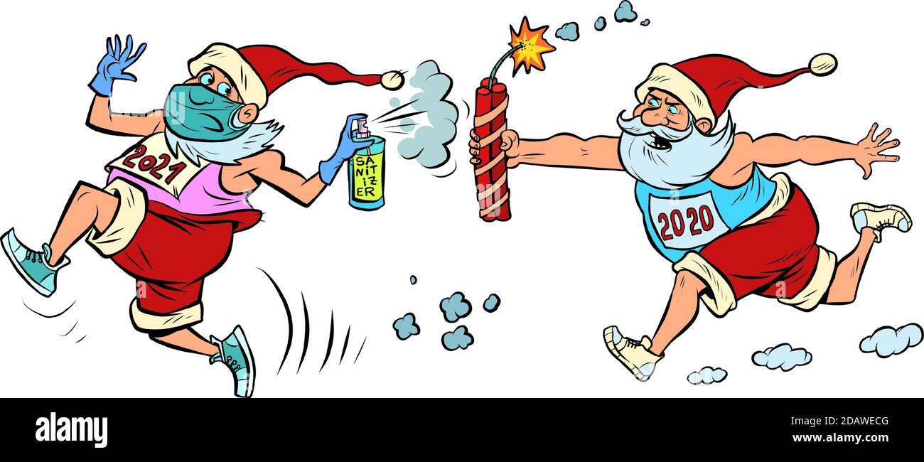 Coronavirus Santa Claus 2020 läuft nach gesunden Santa 2021 Stock Vektor