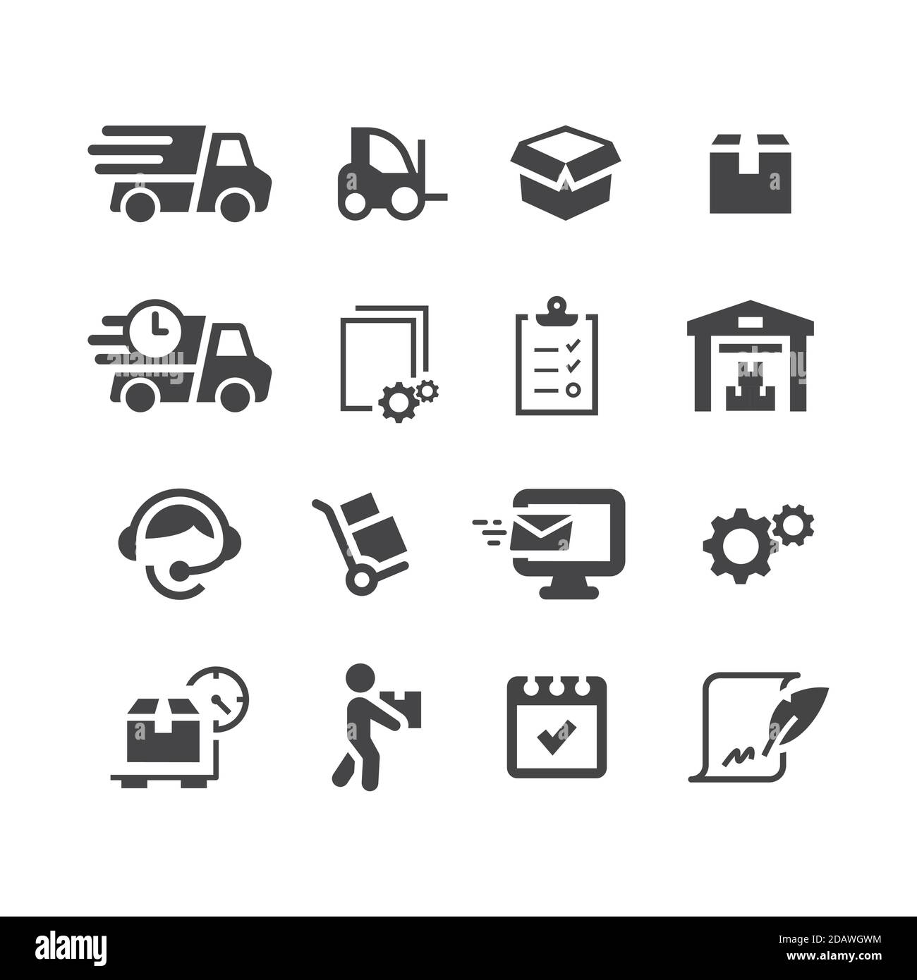 Fulfillment Black Vektor Icon Set. Liefersymbole – Symbole für Handstapler, Gabelstapler, Lager. Stock Vektor