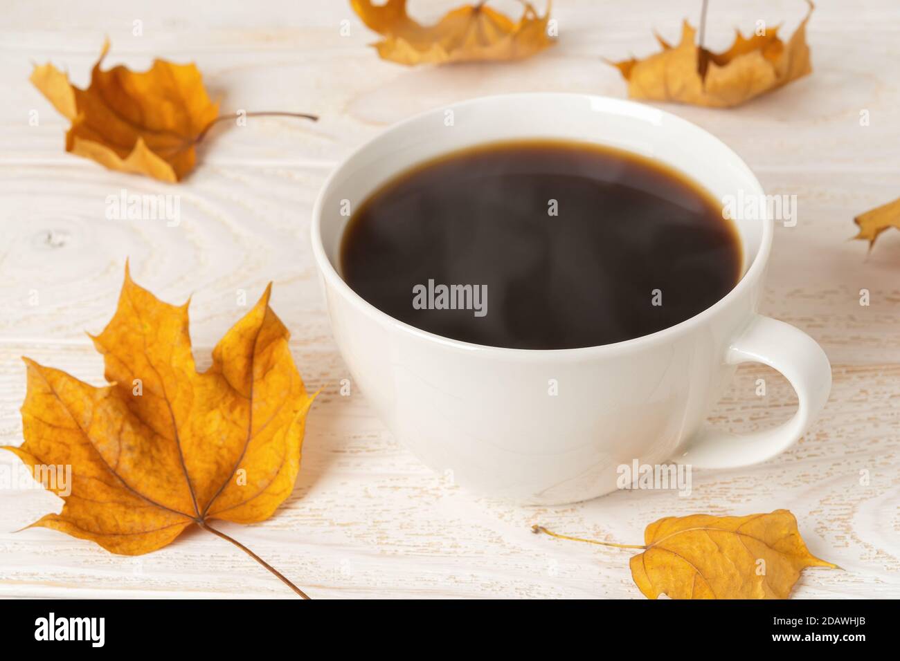 Große weiße Tasse heißen dampfenden Kaffee und einige trockene gelbe Herbstblätter über weißem Holz rustikale Oberfläche. Gemütliches Herbststimmung Konzept. Vorderansicht. Stockfoto