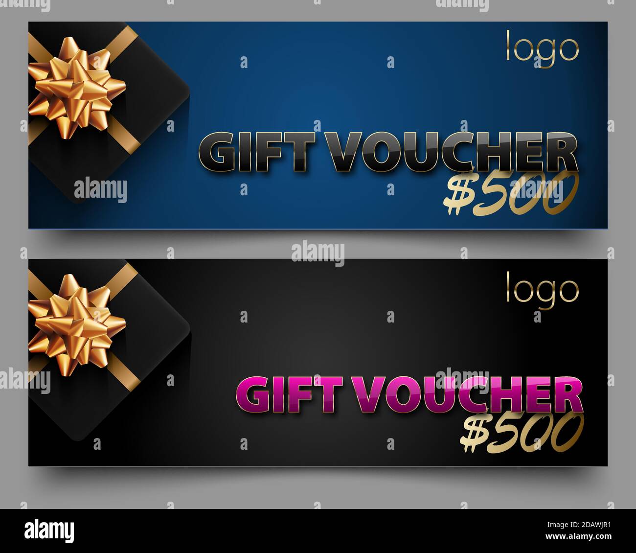 Luxus-Geschenk-Gutschein, Geschenk-Box Vektor horizontales Design-Set. Elegante Vorlage für einen festlichen Geschenkgutschein, Gutschein oder Gutschein. Hochglanz-Text Stock Vektor