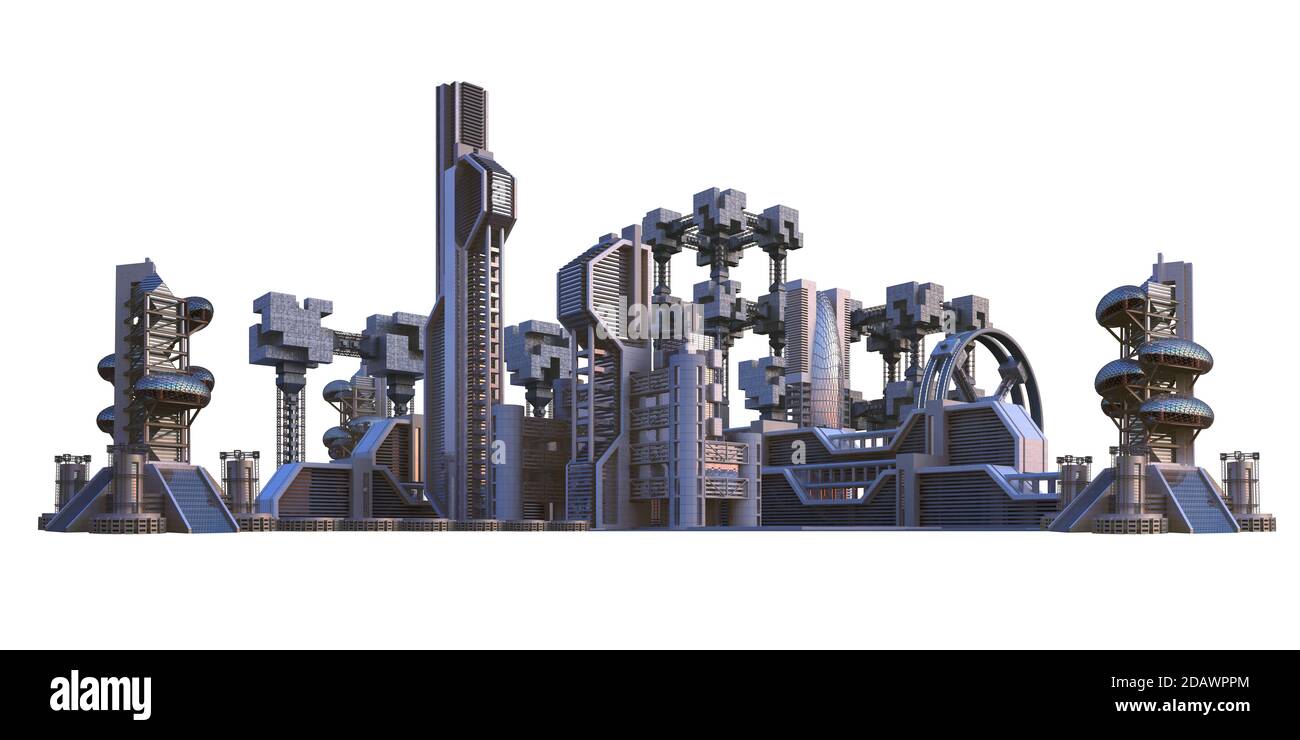 Futuristische Skyline der Stadt mit Industriearchitektur und metallischen Strukturen, für Science-Fiction-Hintergründe, mit dem Clipping-Pfad in der enthalten Stockfoto