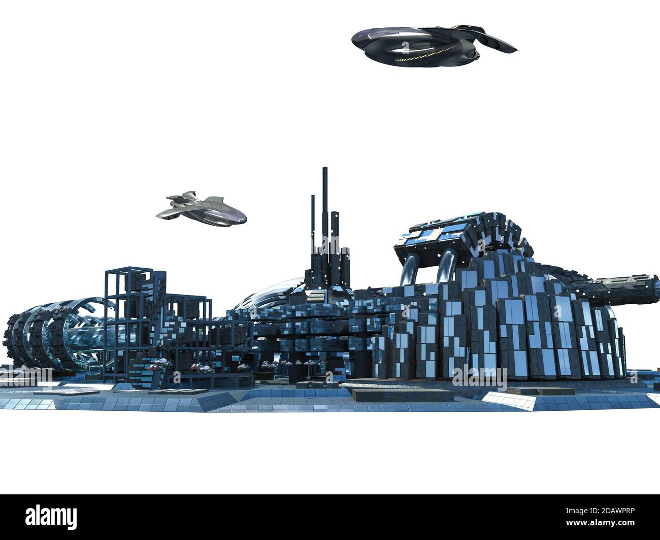 City Skyline Silhouette mit futuristischer Architektur, metallischen Strukturen, und schwebende Flugzeuge, für Sci-Fi Hintergründe mit dem Profil Clipping pa Stockfoto
