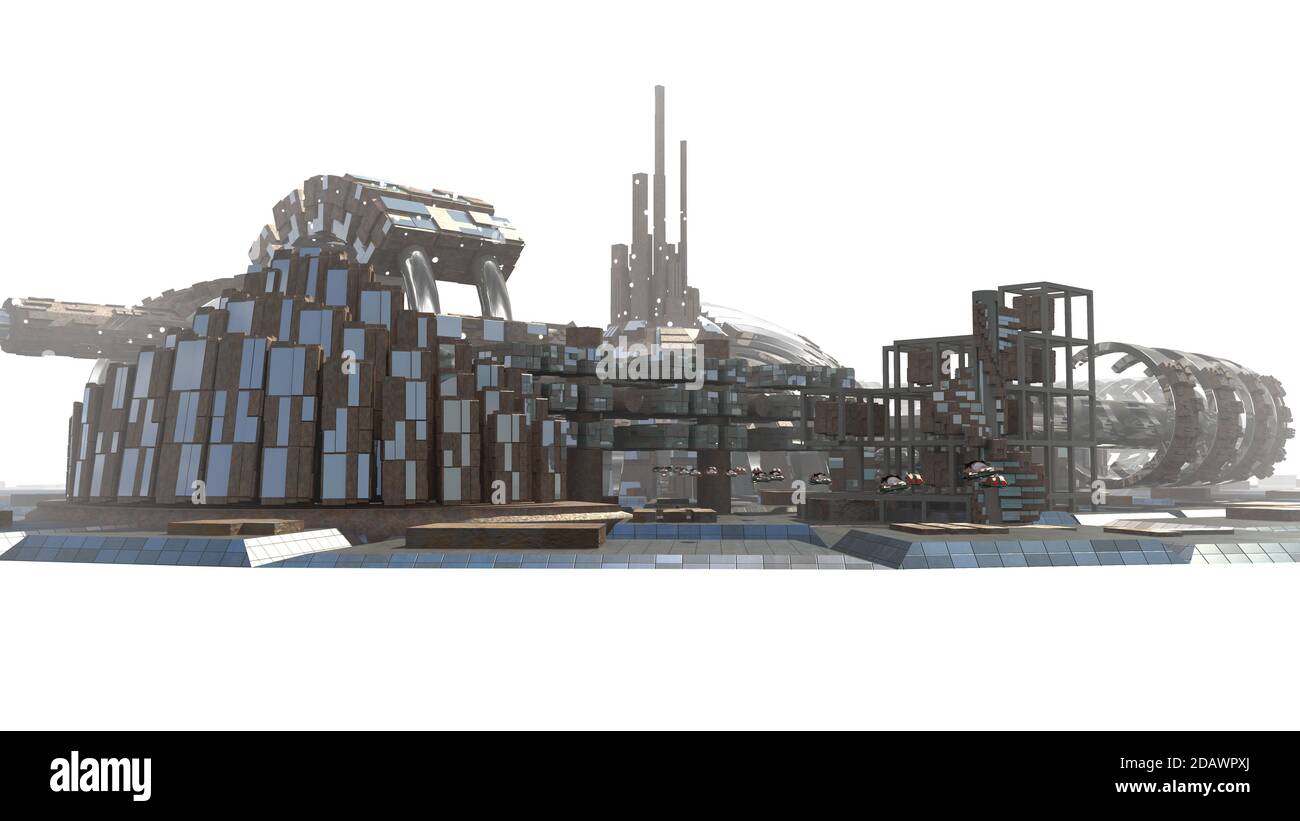 Futuristische Skyline der Stadt mit metallischen architektonischen Strukturen für Sci-Fi-Hintergründe, mit der Z-Tiefenschärfe-Kanal und der Profil-Clipping-Pfad Stockfoto