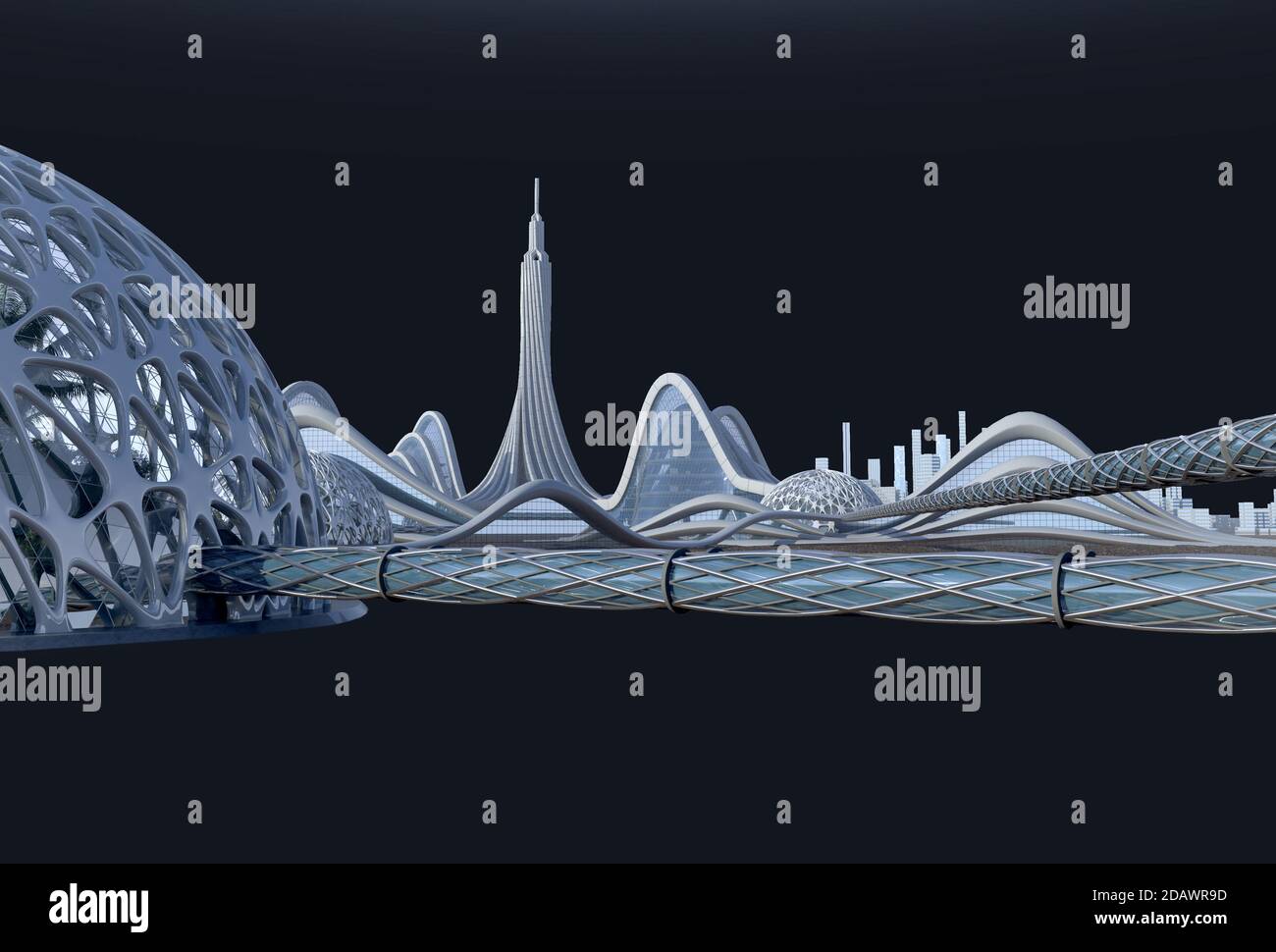 3D-Illustration einer Science-Fiction-Stadt mit futuristischer Architektur, organischen Kuppelstrukturen durch röhrenförmige Gehwege verbunden. Der Beschneidungspfad befindet sich in Stockfoto