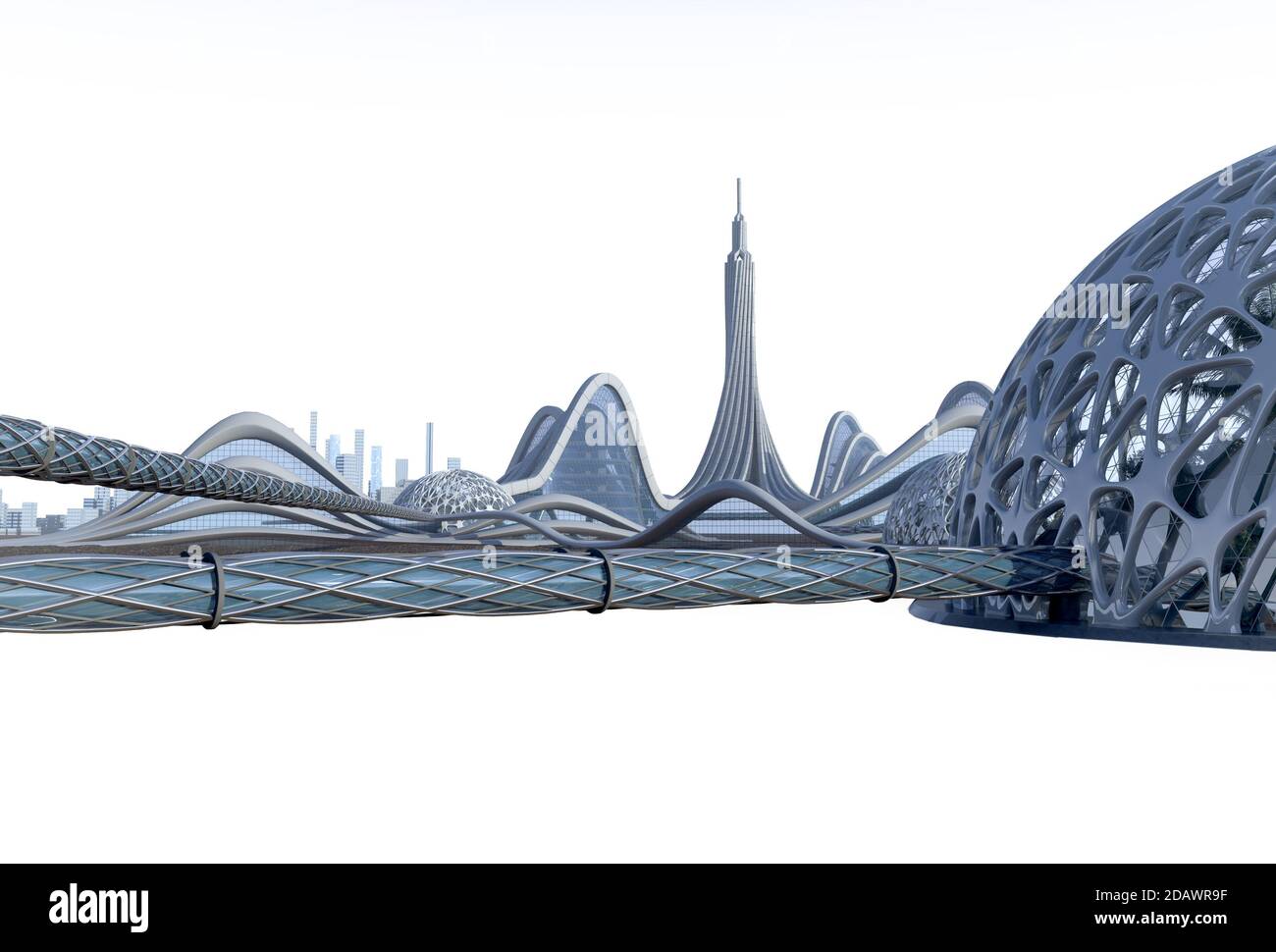 3D-Illustration einer Science-Fiction-Stadt mit futuristischer Architektur, organischen Kuppelstrukturen durch röhrenförmige Gehwege verbunden. Der Isolationspfad ist i Stockfoto