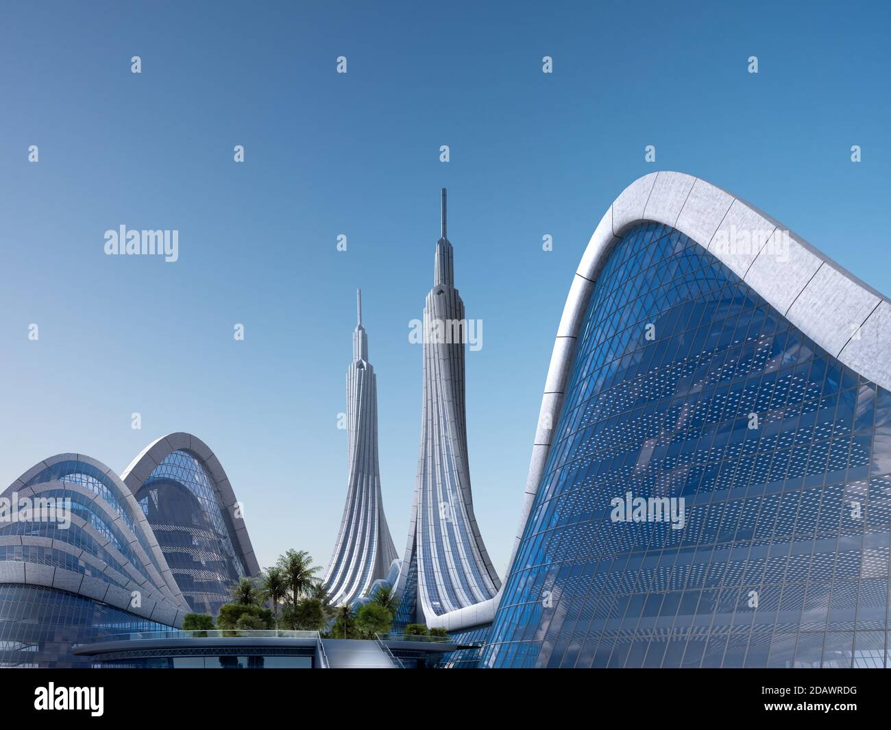 3D-Illustration einer futuristischen Stadt, mit zwei Wolkenkratzern umgeben von organischen Strukturen, für Science-Fiction-Architektur Hintergründe. Stockfoto