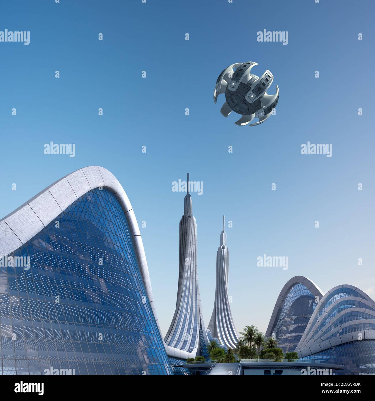 3D-Illustration einer futuristischen Stadt, mit zwei Wolkenkratzern umgeben von organischen Strukturen, für Science-Fiction-Architektur Hintergründe. Stockfoto