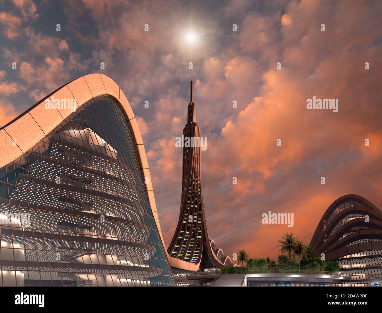 3D-Illustration eines futuristischen Stadt Wolkenkratzers umgeben von organischen Gebäuden, für Science-Fiction architektonischen Hintergründe. Stockfoto
