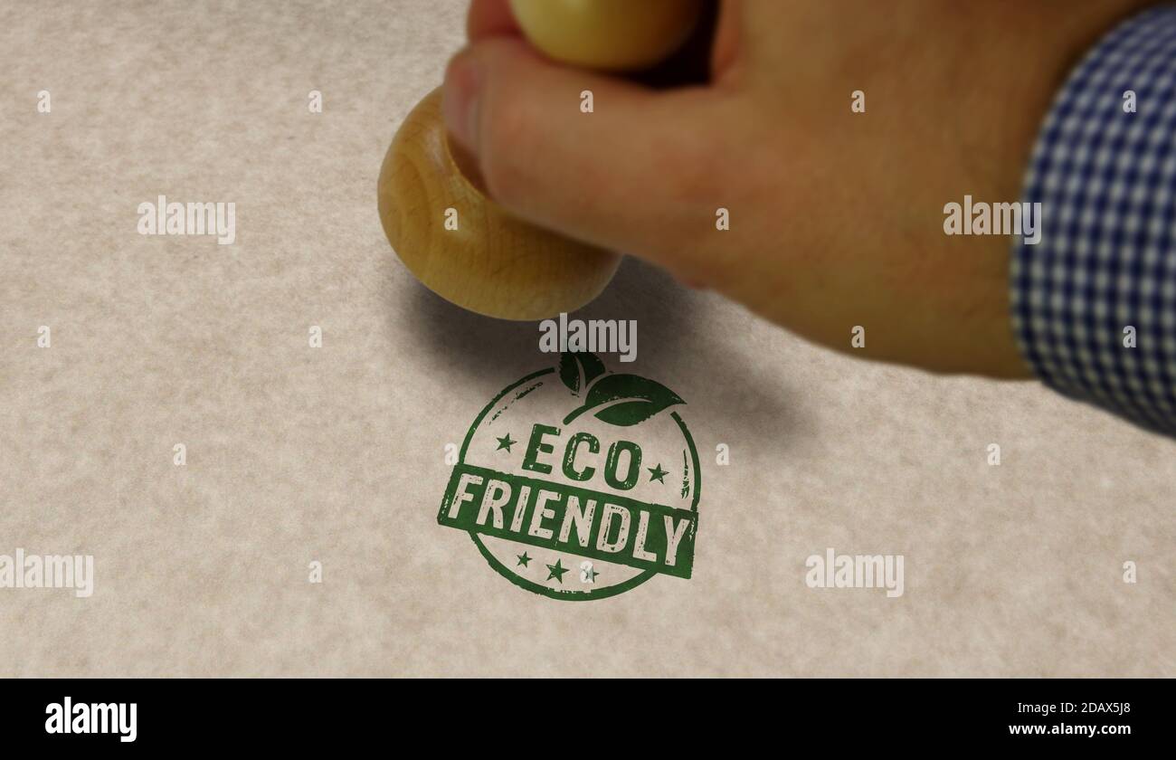 Umweltfreundliche Stempel und Stempelhand. Nachhaltige Wirtschaft, grün, Umwelt, Ökologie, Bio, gesunde Ernährung und natürliche Lebensstilkonzept. Stockfoto