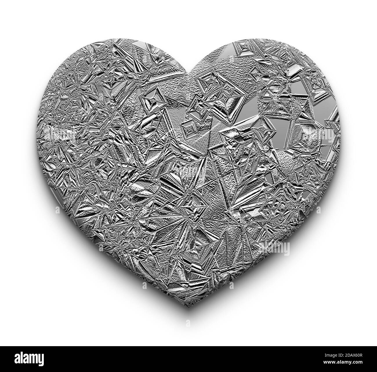 Ein leeres Herz aus Platin. Silbernes Herz isoliert auf weißem Hintergrund Stockfoto