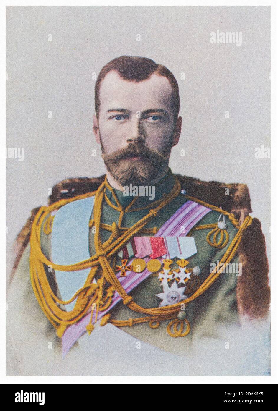 Farbige Retro-Foto von Nikolaus II von Russland. Nikolaus II. Oder Nikolai II. Alexandrowitsch Romanow (1868 – 1918), bekannt in der russisch-orthodoxen Kirche als Stockfoto