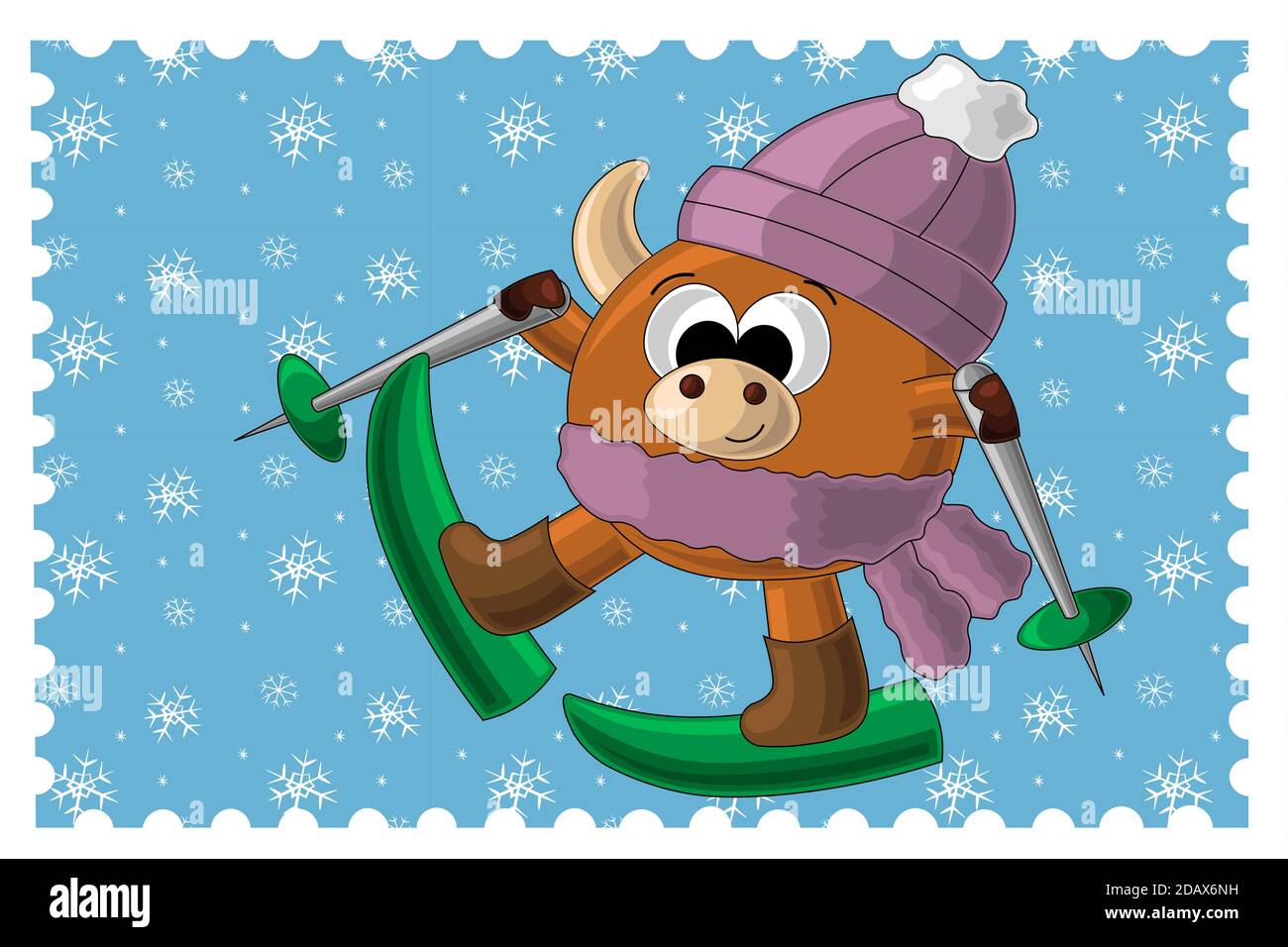 Weihnachtskarte mit niedlichen Cartoon-Stier und Skiern Stock Vektor