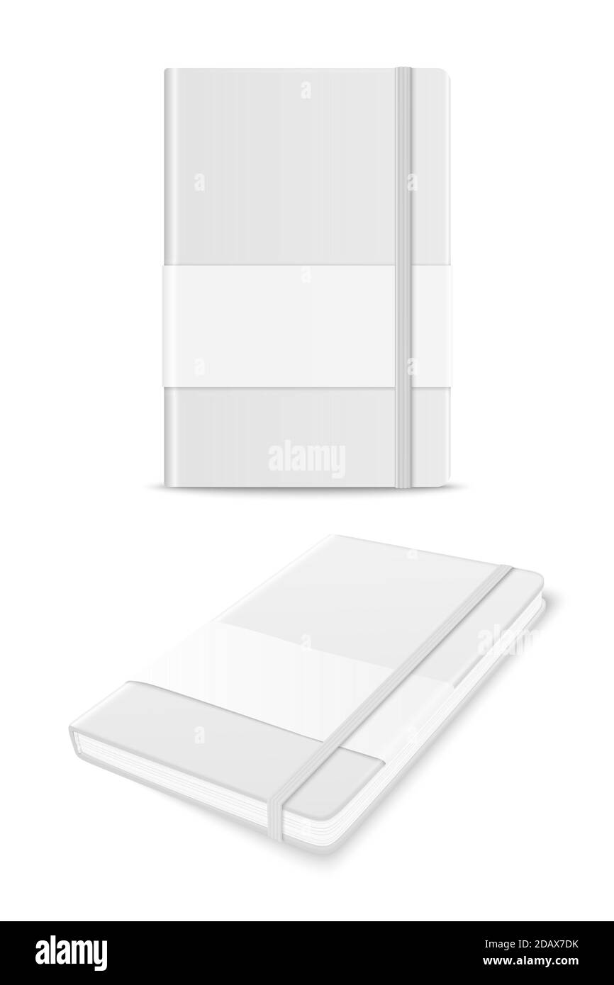 Vector 3d Realistic White Closed Blank Paper Notizbuch mit Beschriftungssatz isoliert auf weißem Hintergrund. Design-Vorlage von Copybook mit Elastic Band für Stock Vektor
